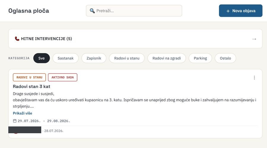 Prikaz oglasne ploče s hitnim intervencijama i objavama