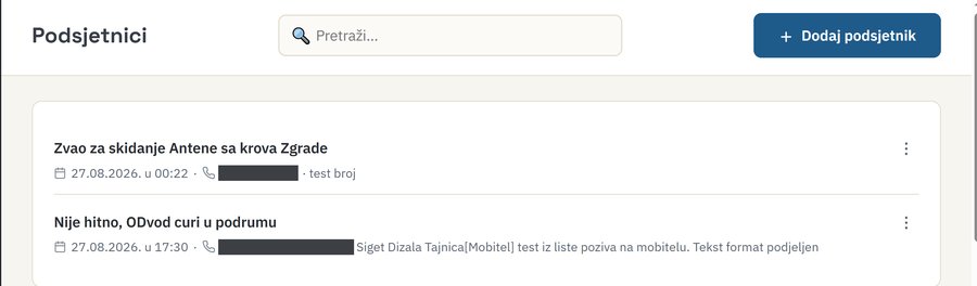 Prikaz popisa podsjetnika za pozive