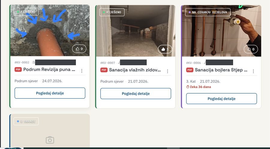 Prikaz popisa prijavljenih kvarova u aplikaciji